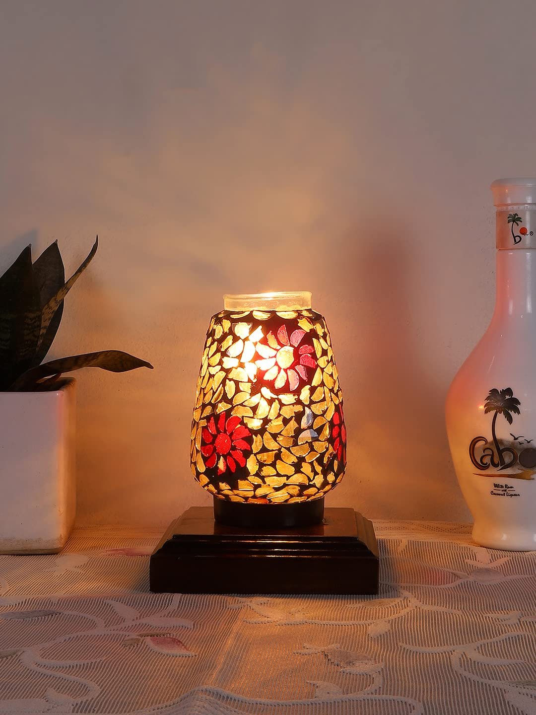 Dark Brown Square Wood Multicolor Mosaic Glass Table Lamp -FD60