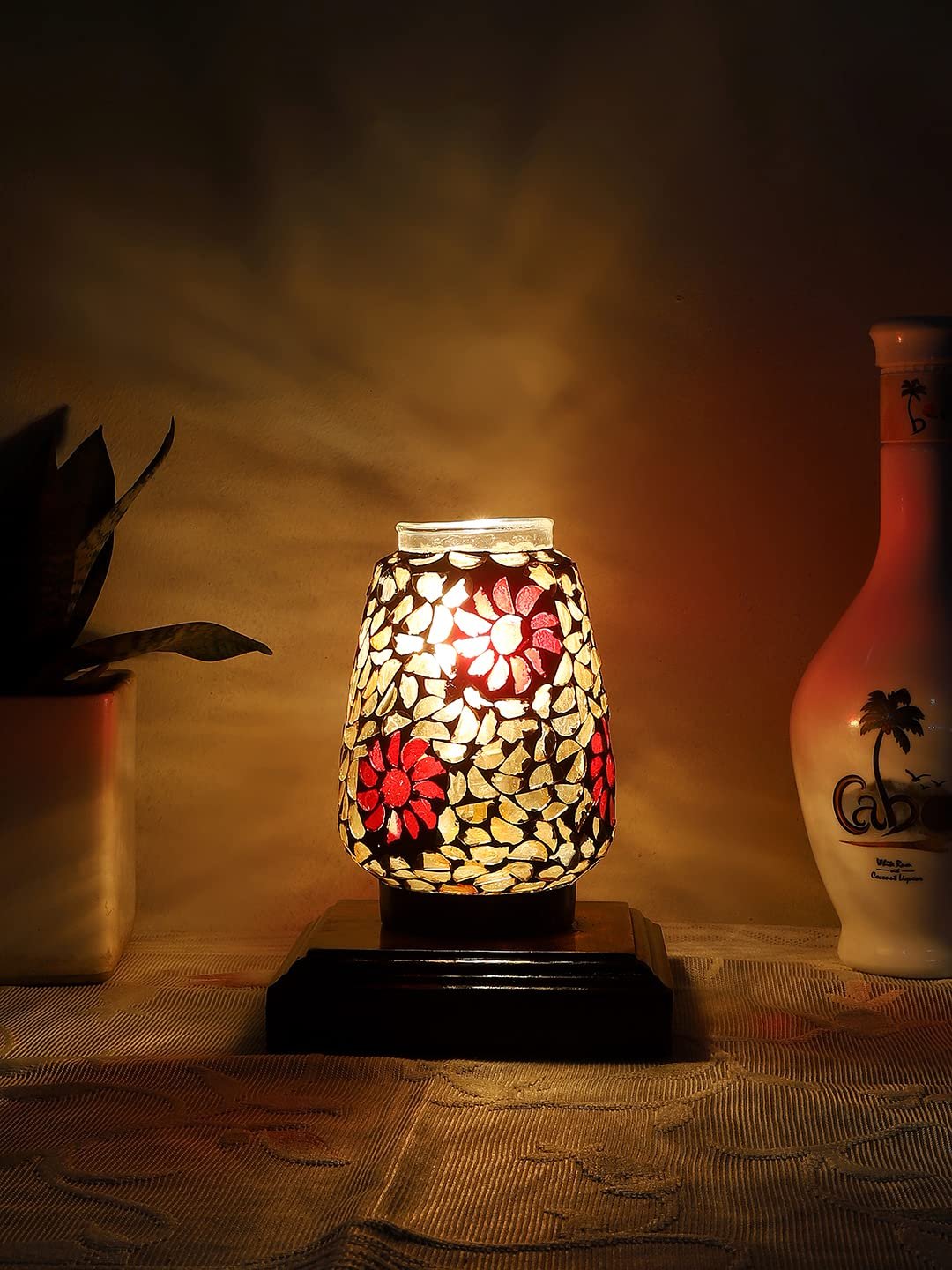 Dark Brown Square Wood Multicolor Mosaic Glass Table Lamp -FD60