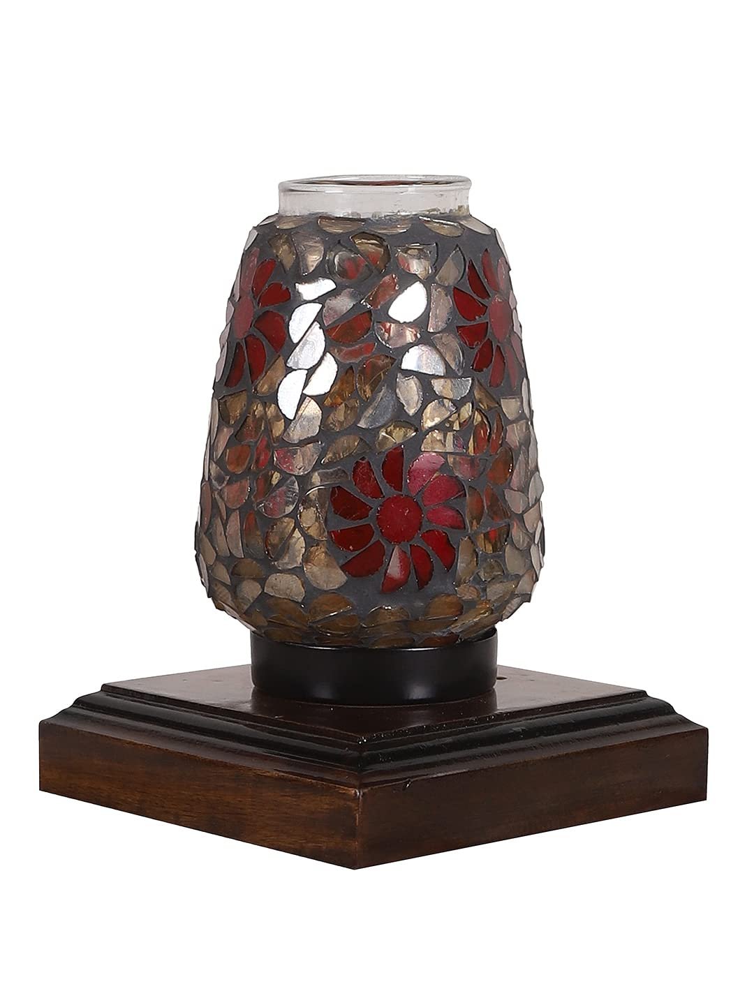 Dark Brown Square Wood Multicolor Mosaic Glass Table Lamp -FD60