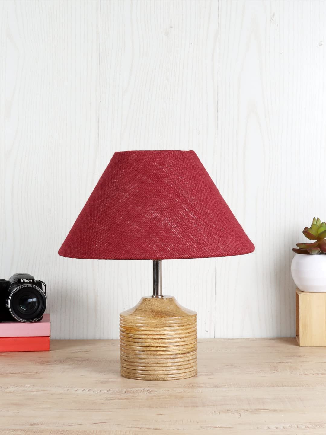 Wood Table lamp with Maroon Jute Shade