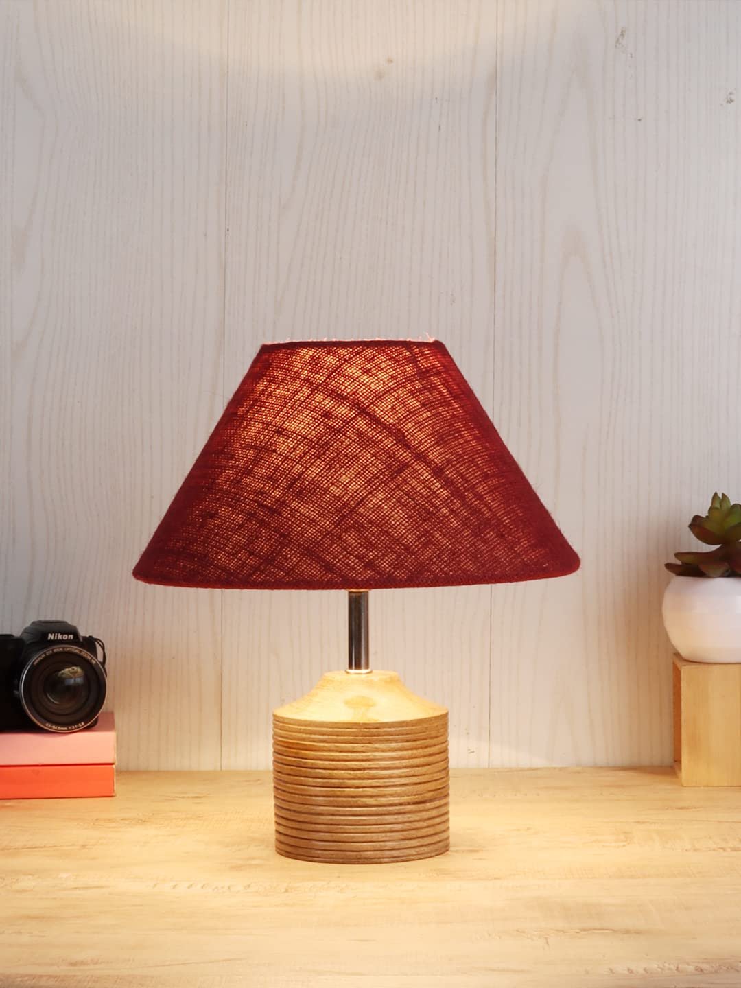 Wood Table lamp with Maroon Jute Shade