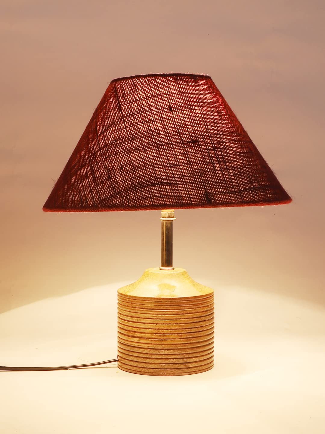 Wood Table lamp with Maroon Jute Shade