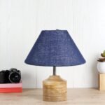 Wood Table lamp with Blue Jute Shade