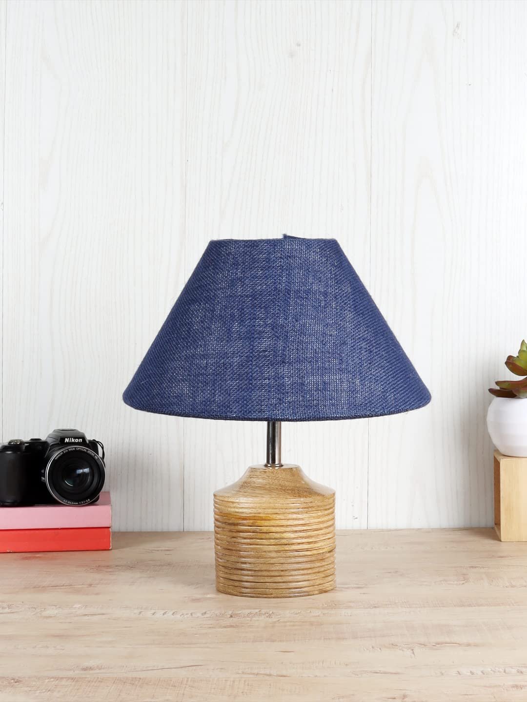 Wood Table lamp with Blue Jute Shade