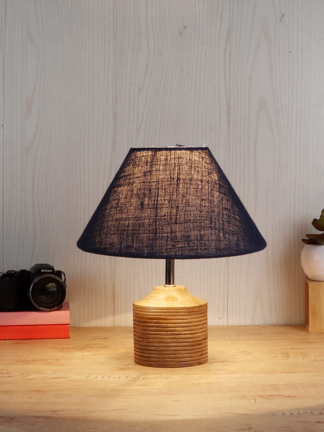 Wood Table lamp with Blue Jute Shade