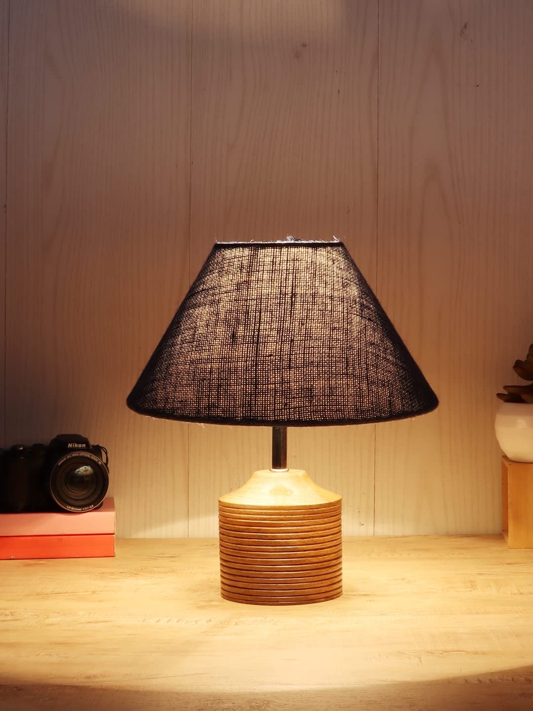 Wood Table lamp with Blue Jute Shade
