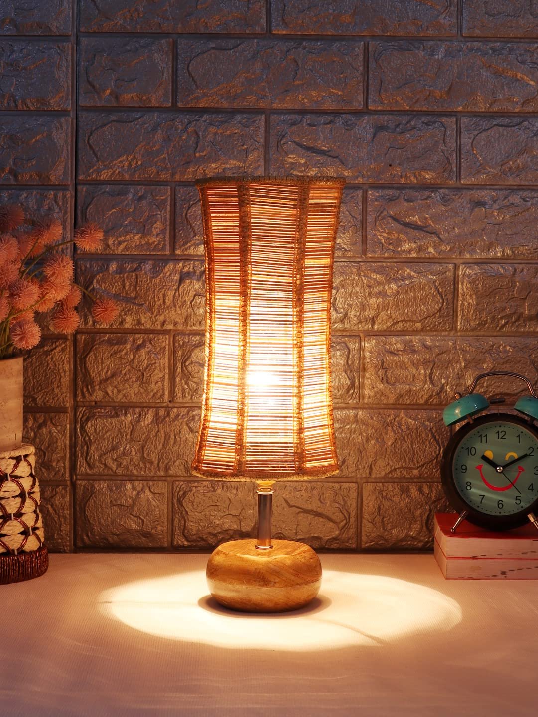 Wood Table lamp with Damru Bamboo Shade