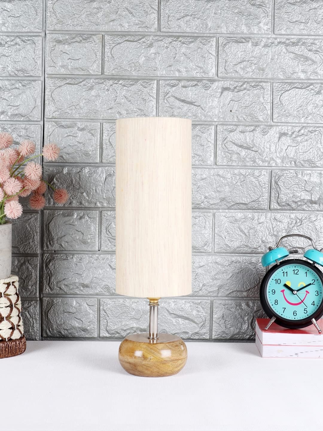 Wood Table lamp with Off-White Cotton Shade