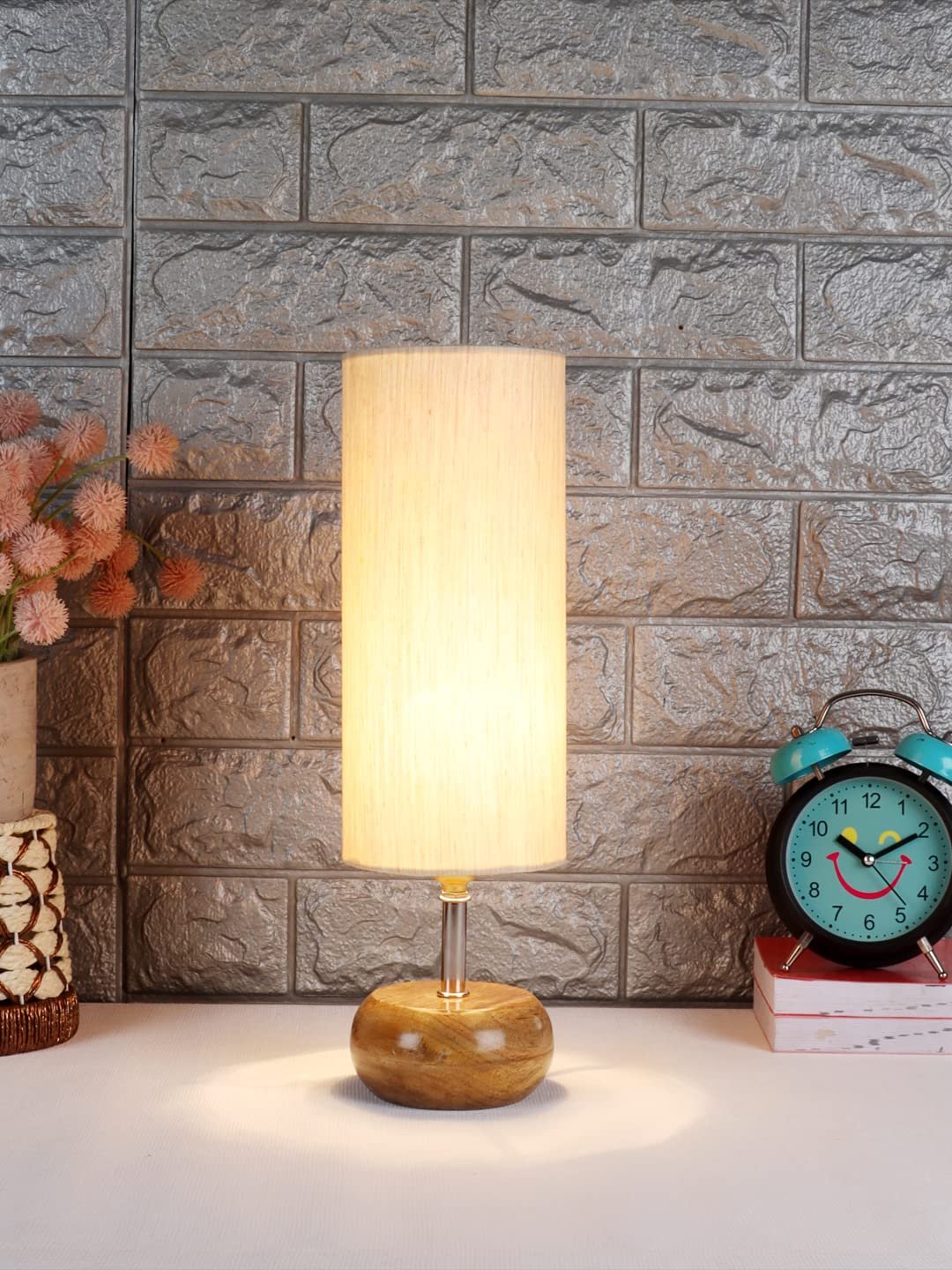 Wood Table lamp with Off-White Cotton Shade