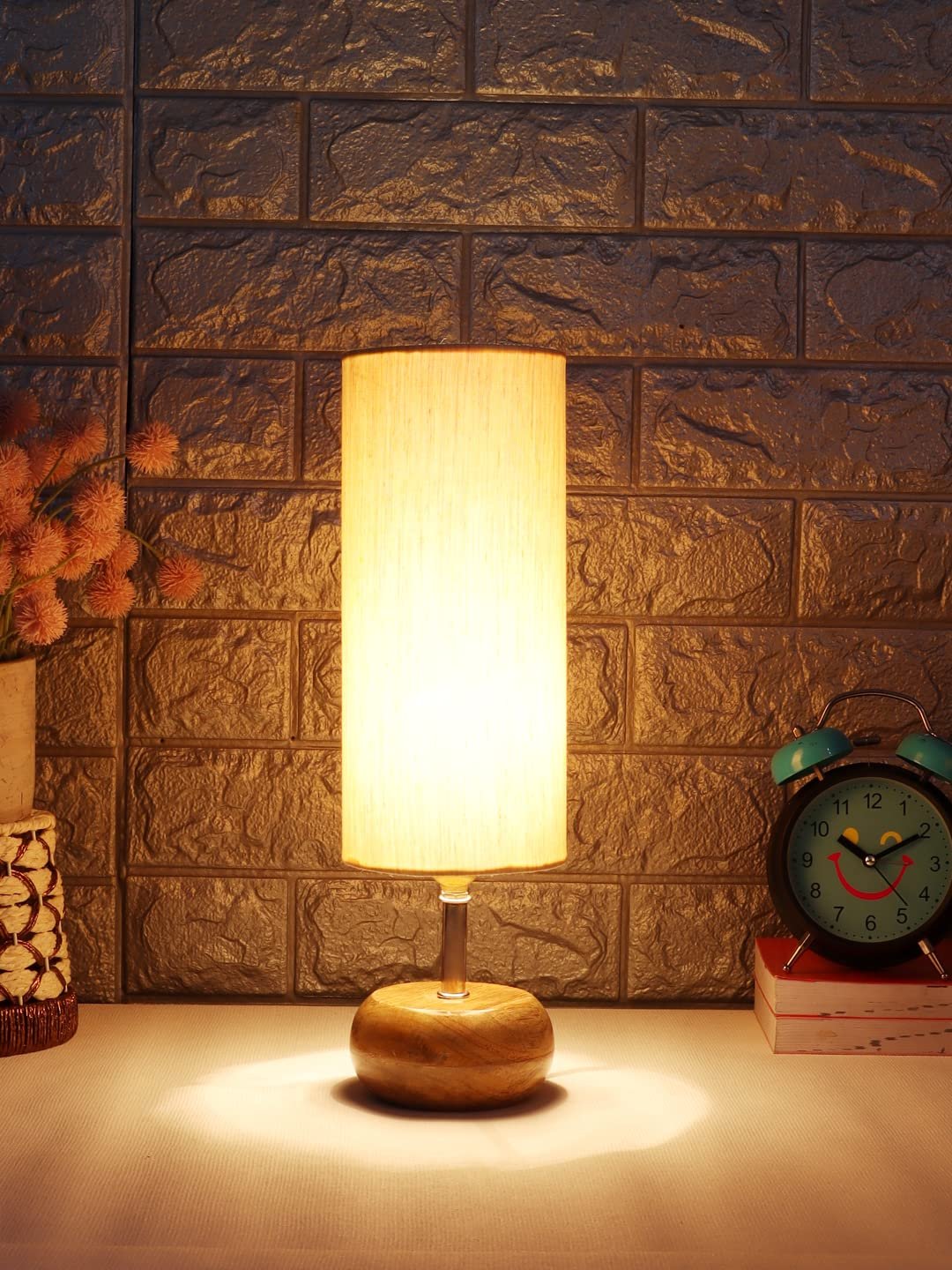 Wood Table lamp with Off-White Cotton Shade