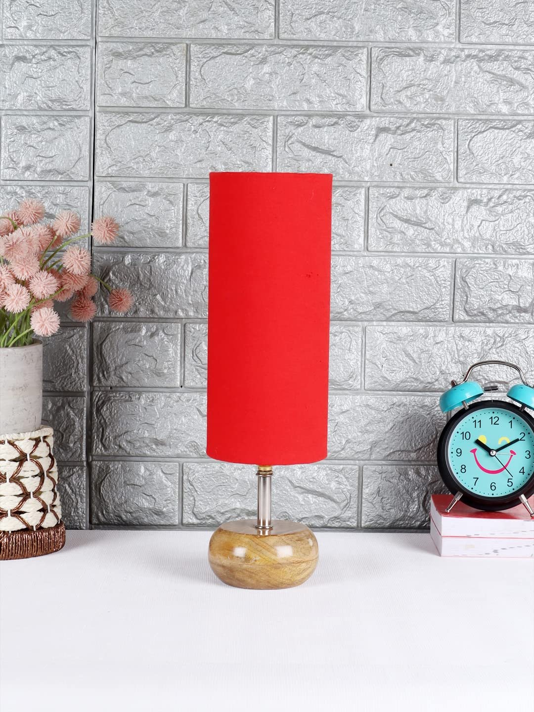 Wood Table lamp with Red Cotton Shade