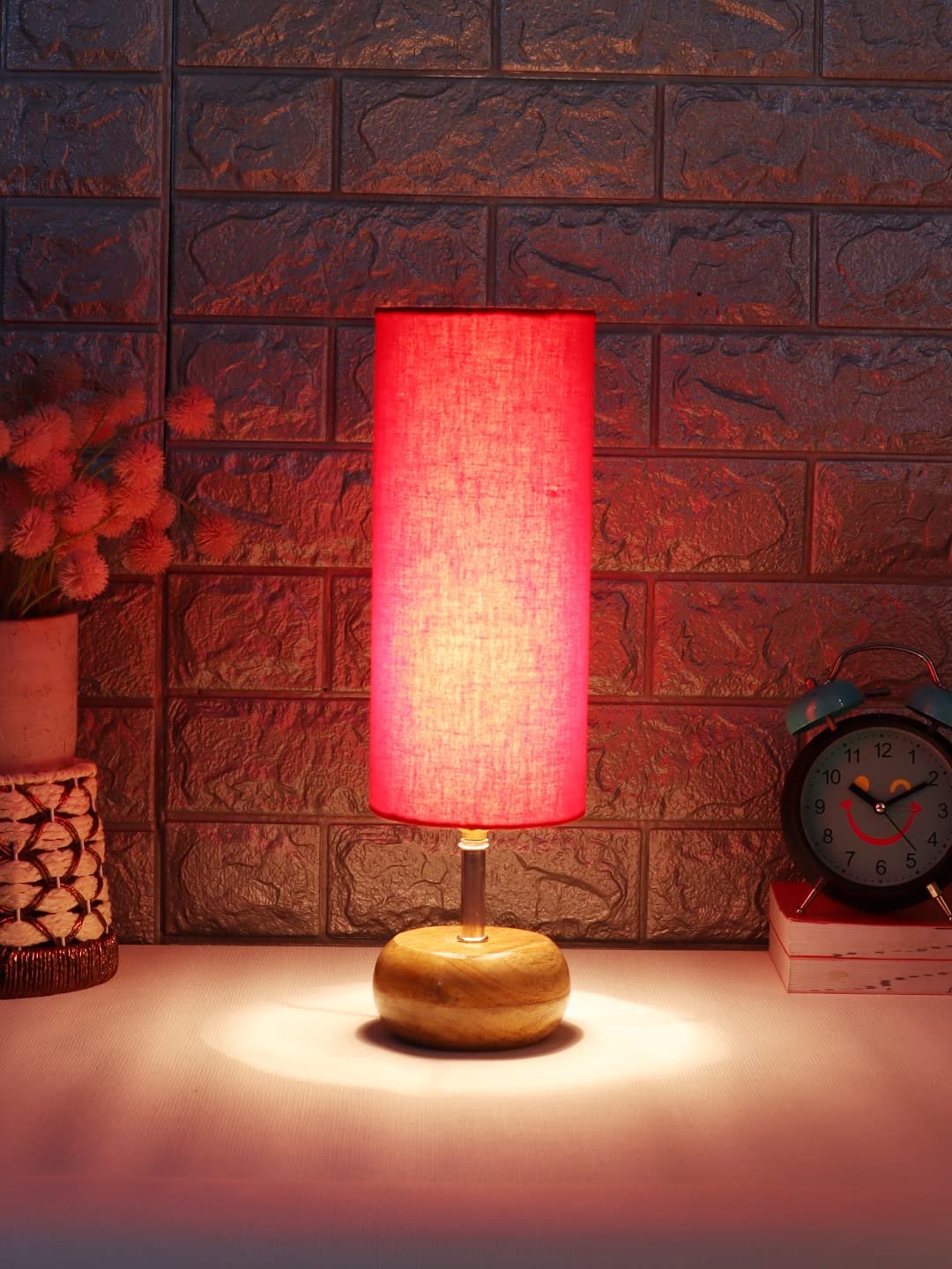 Wood Table lamp with Red Cotton Shade