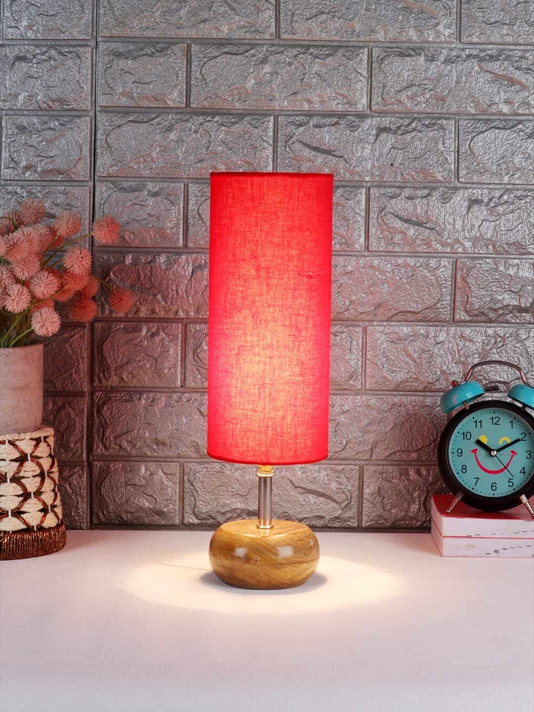 Wood Table lamp with Red Cotton Shade