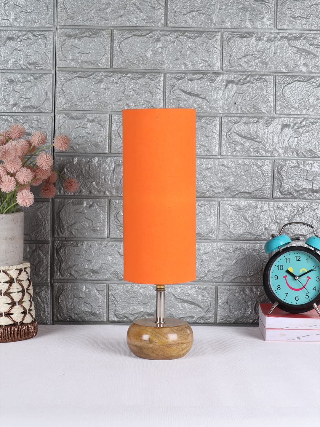 Wood Table lamp with Orange Cotton Shade