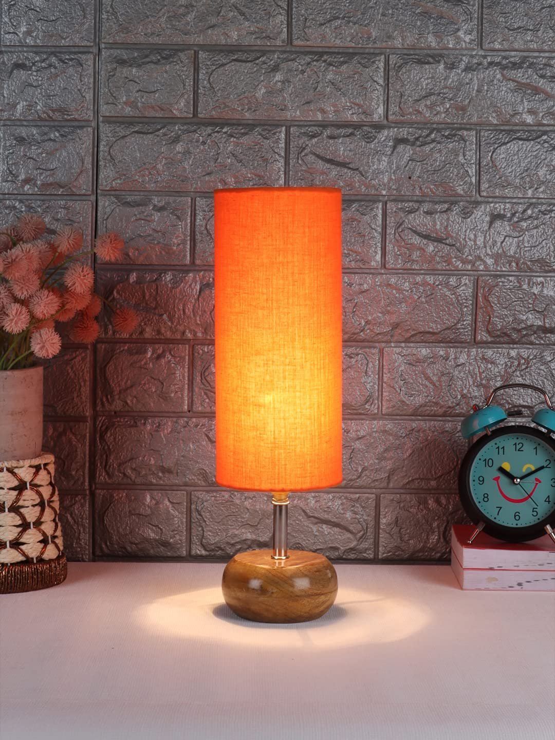 Wood Table lamp with Orange Cotton Shade