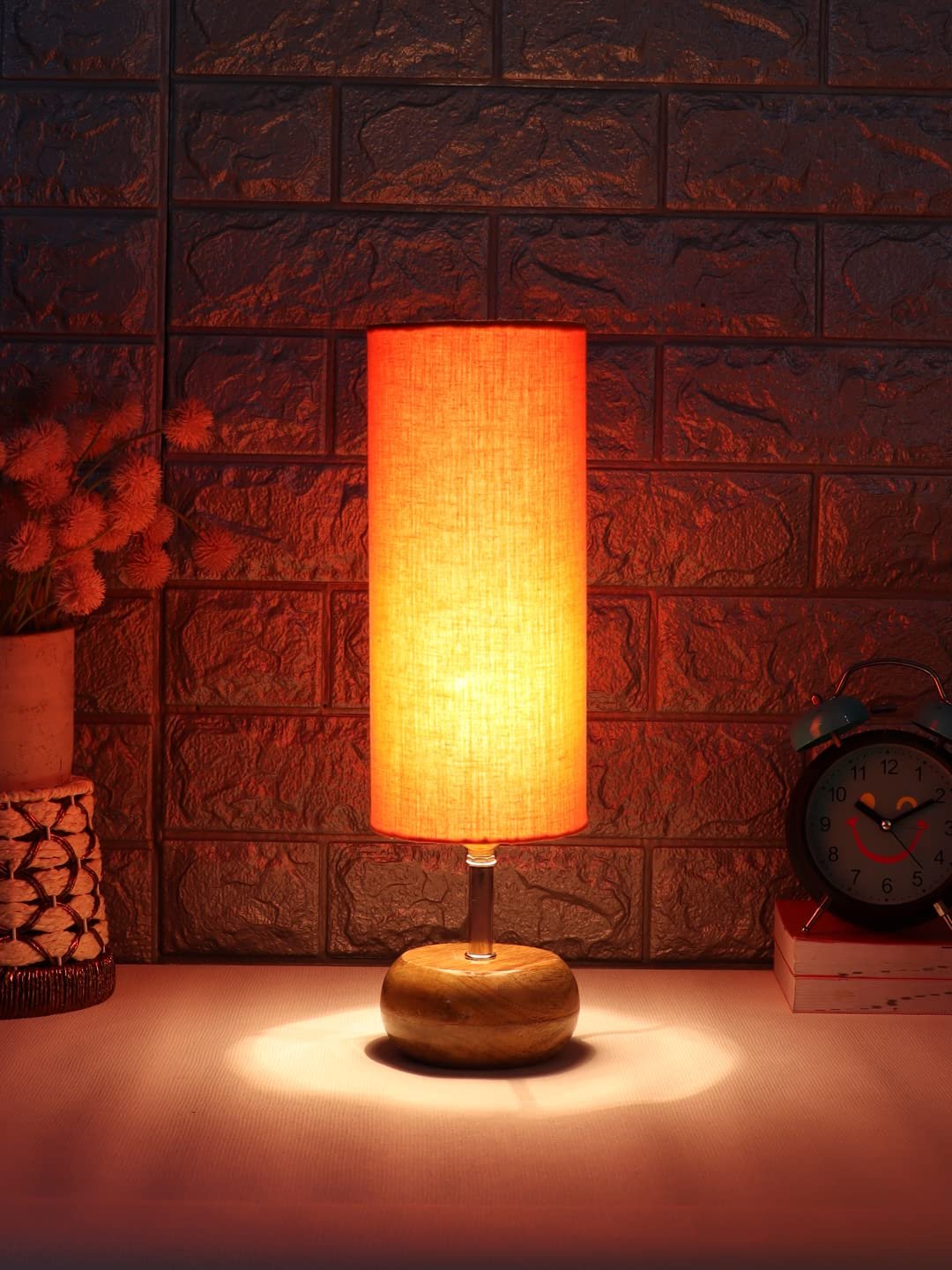 Wood Table lamp with Orange Cotton Shade