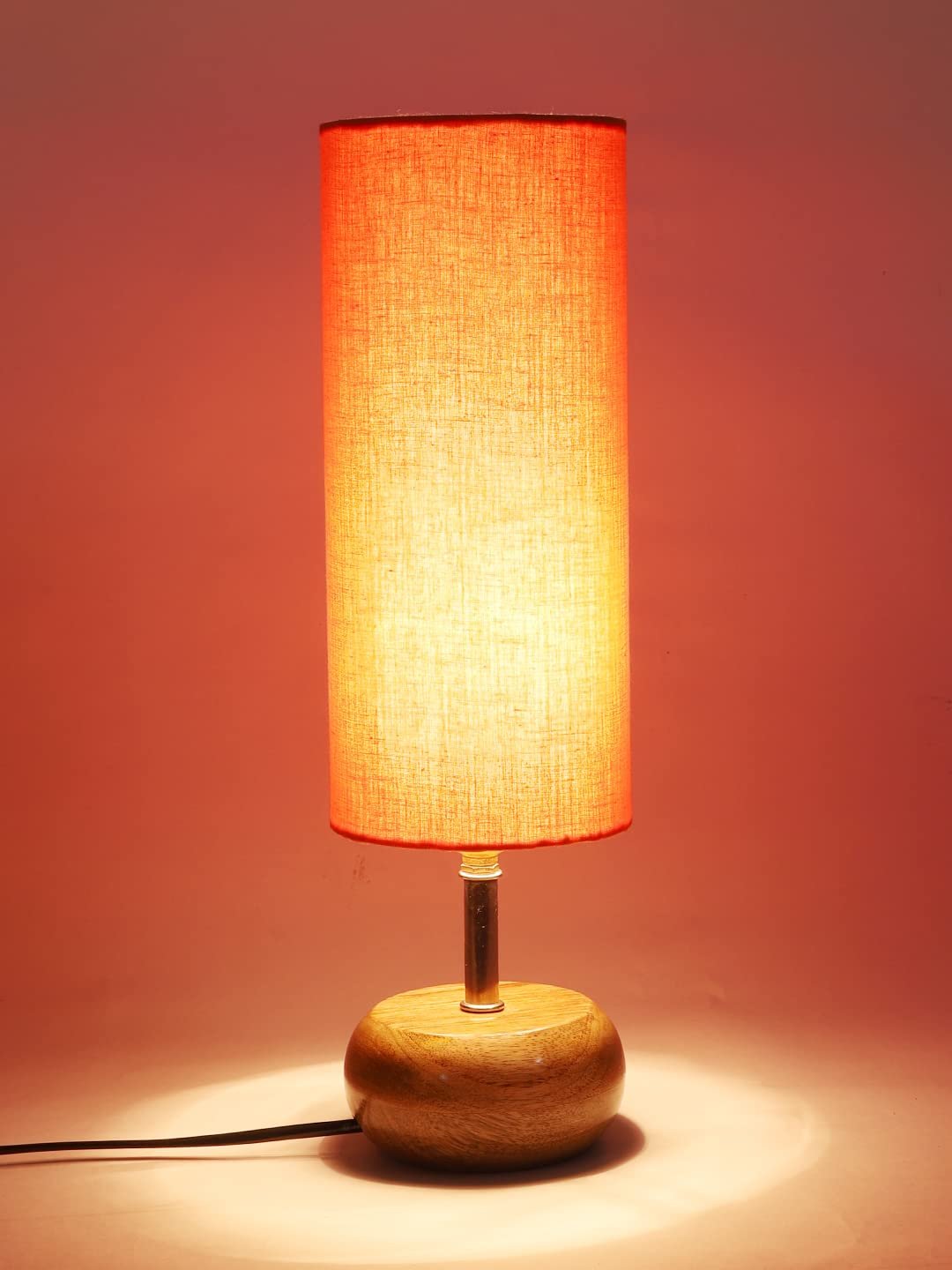Wood Table lamp with Orange Cotton Shade