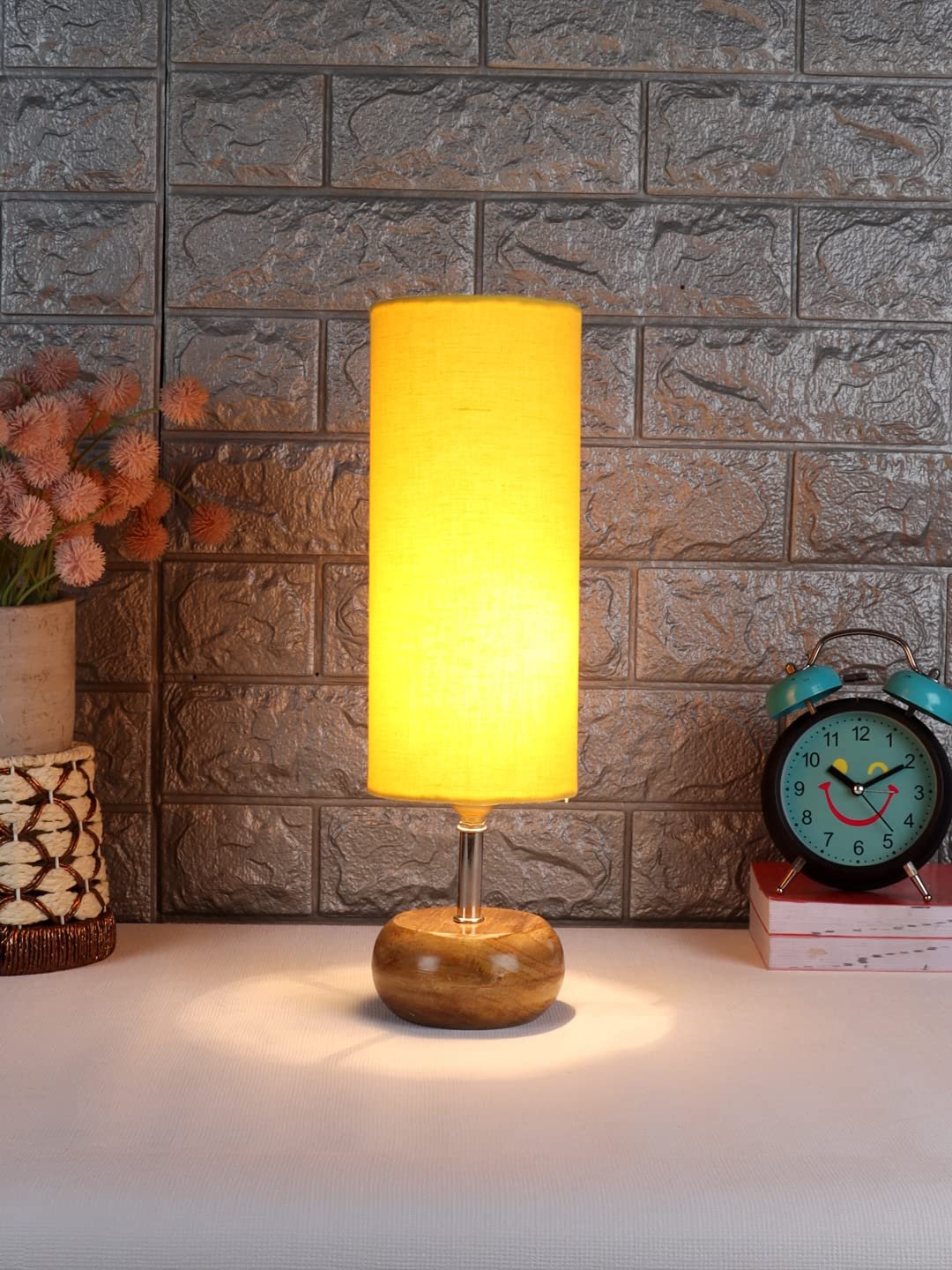 Wood Table lamp with Yellow Cotton Shade