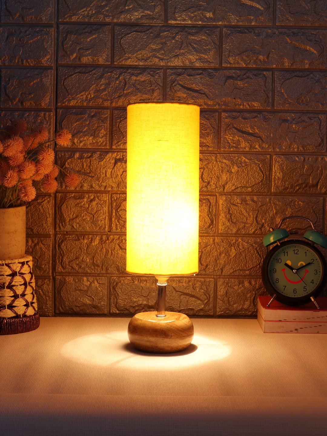 Wood Table lamp with Yellow Cotton Shade