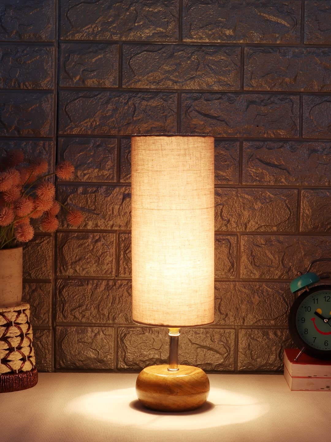 Wood Table lamp with Grey Cotton Shade