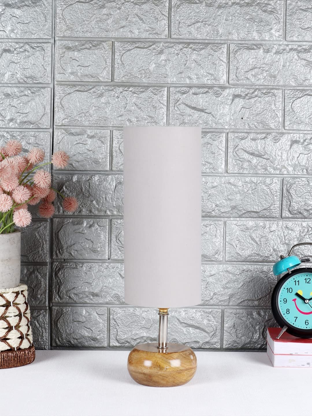 Wood Table lamp with Grey Cotton Shade