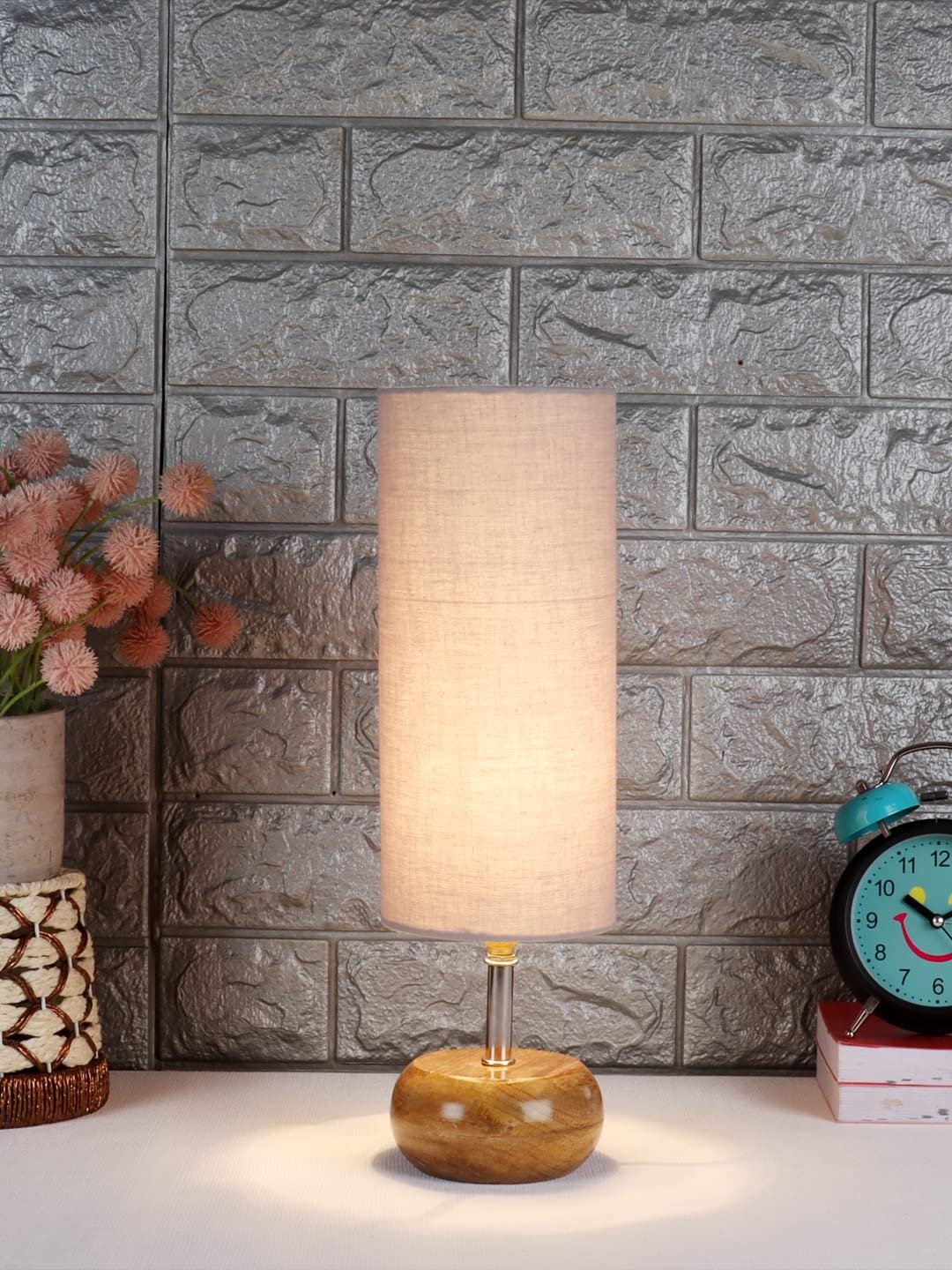 Wood Table lamp with Grey Cotton Shade