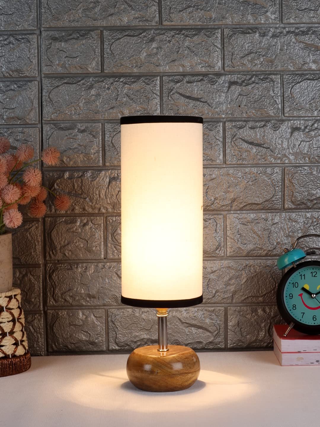 Wood Table lamp with Multicolor Cotton Shade