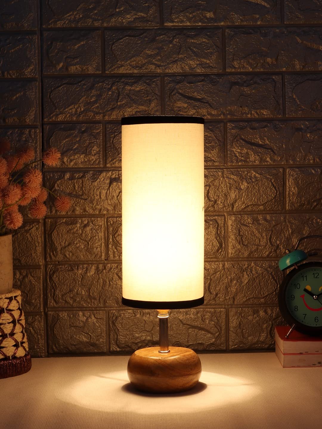Wood Table lamp with Multicolor Cotton Shade