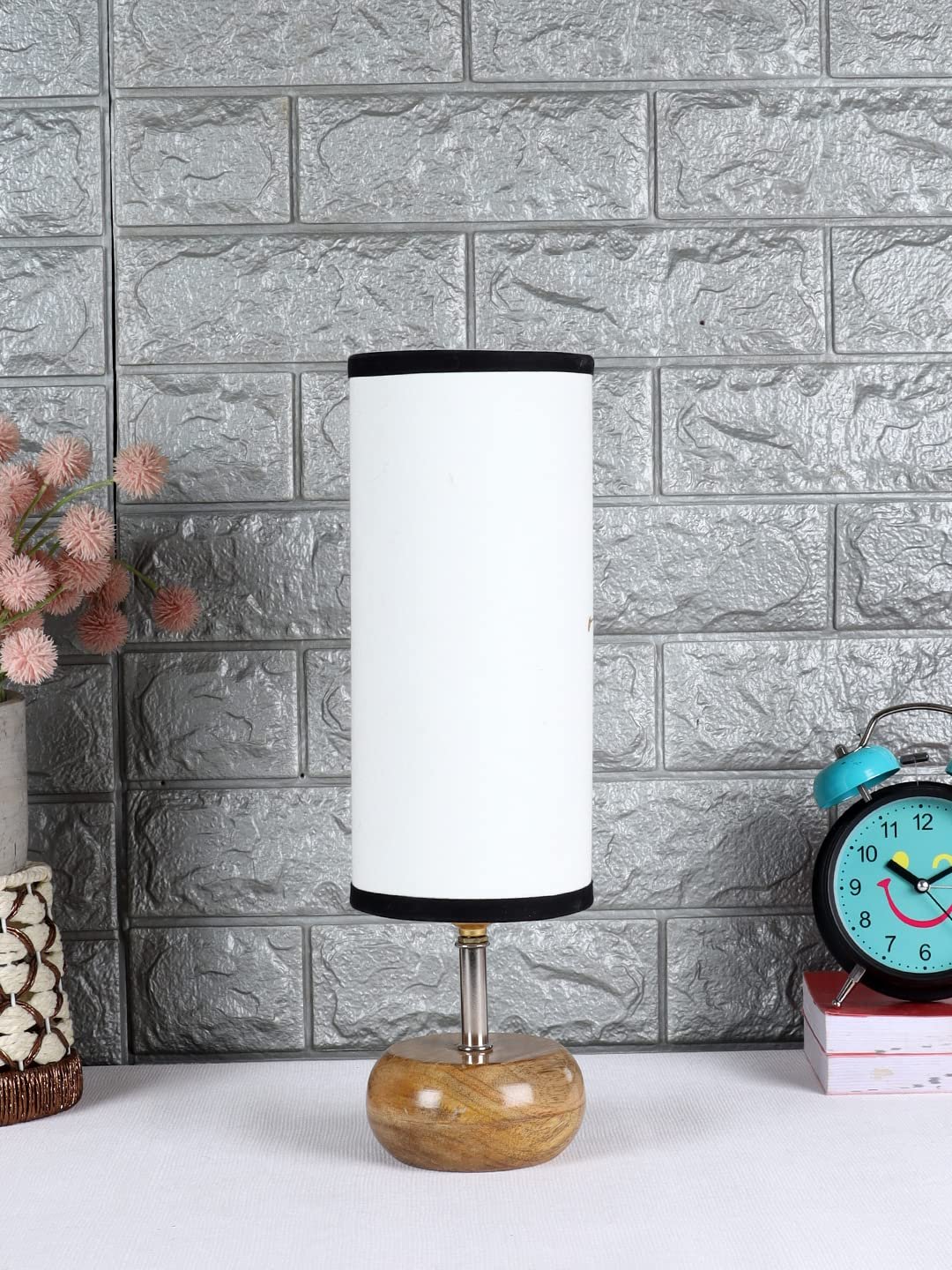 Wood Table lamp with Multicolor Cotton Shade