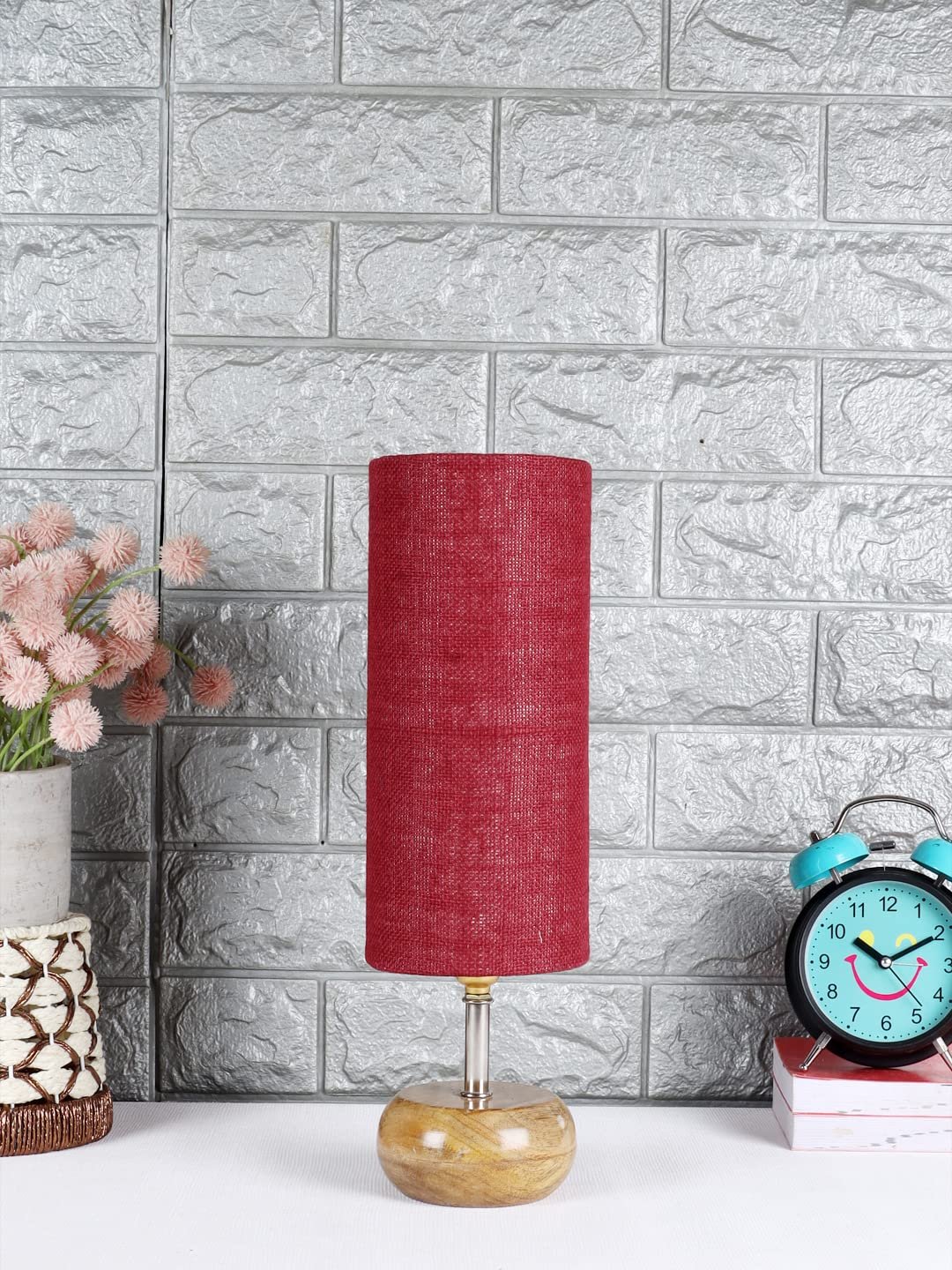 Wood Table lamp with Maroon Jute Shade