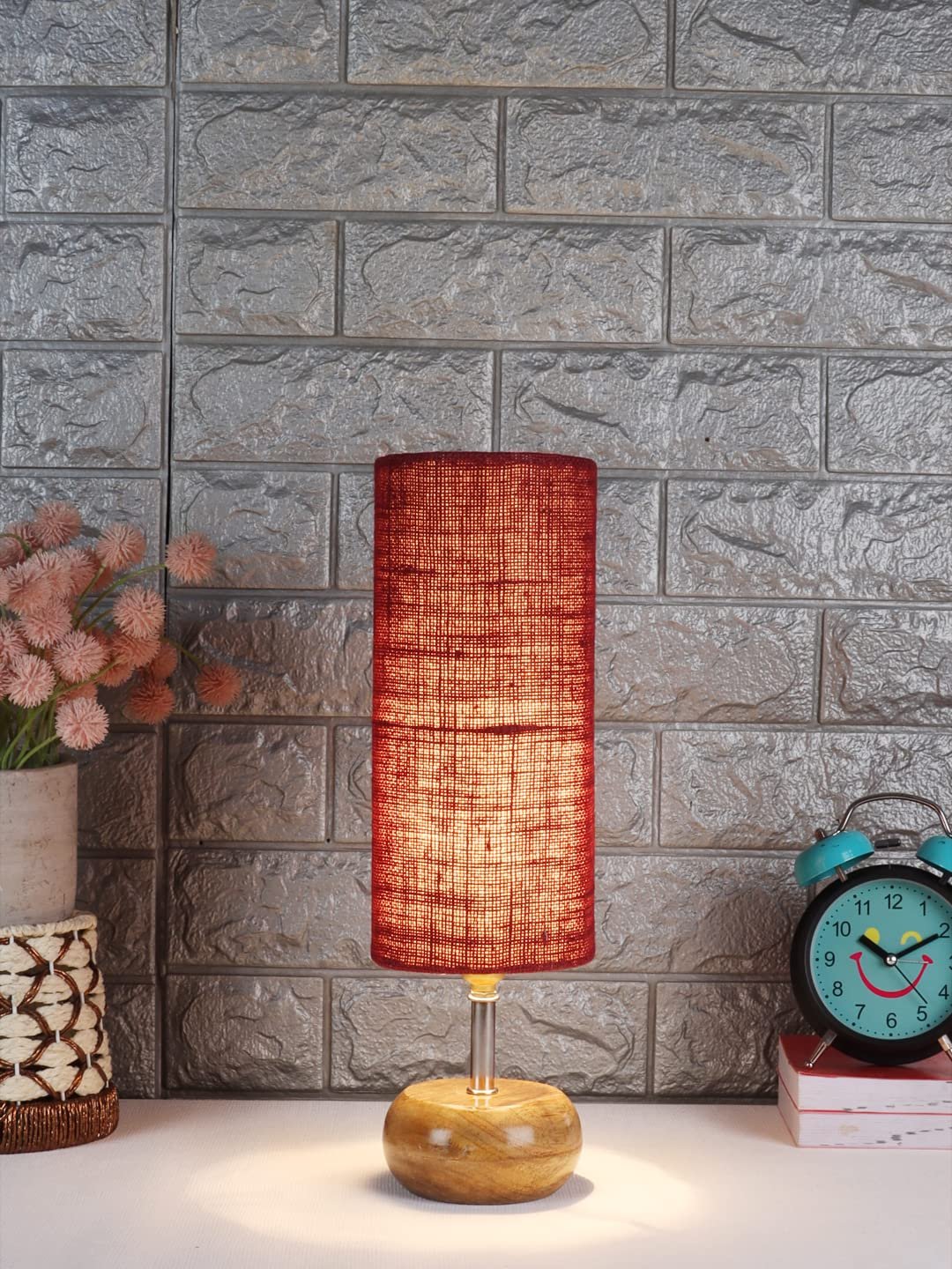 Wood Table lamp with Maroon Jute Shade