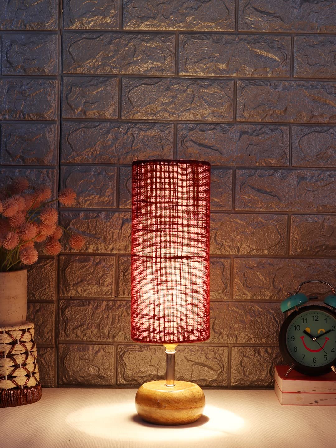 Wood Table lamp with Maroon Jute Shade