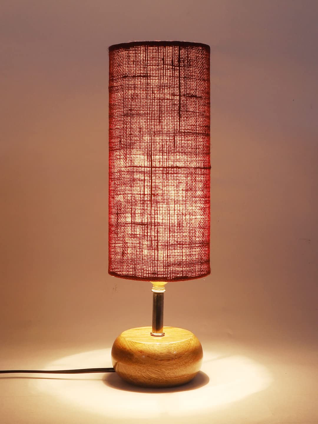 Wood Table lamp with Maroon Jute Shade