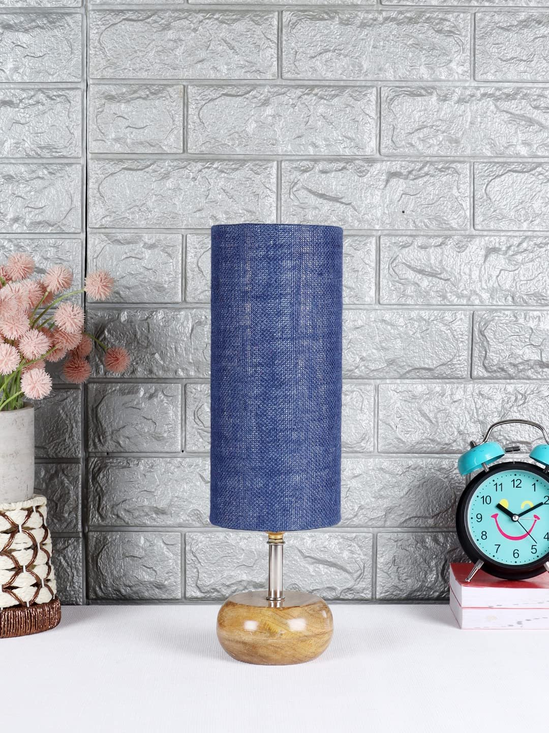 Wood Table lamp with Blue Jute Shade
