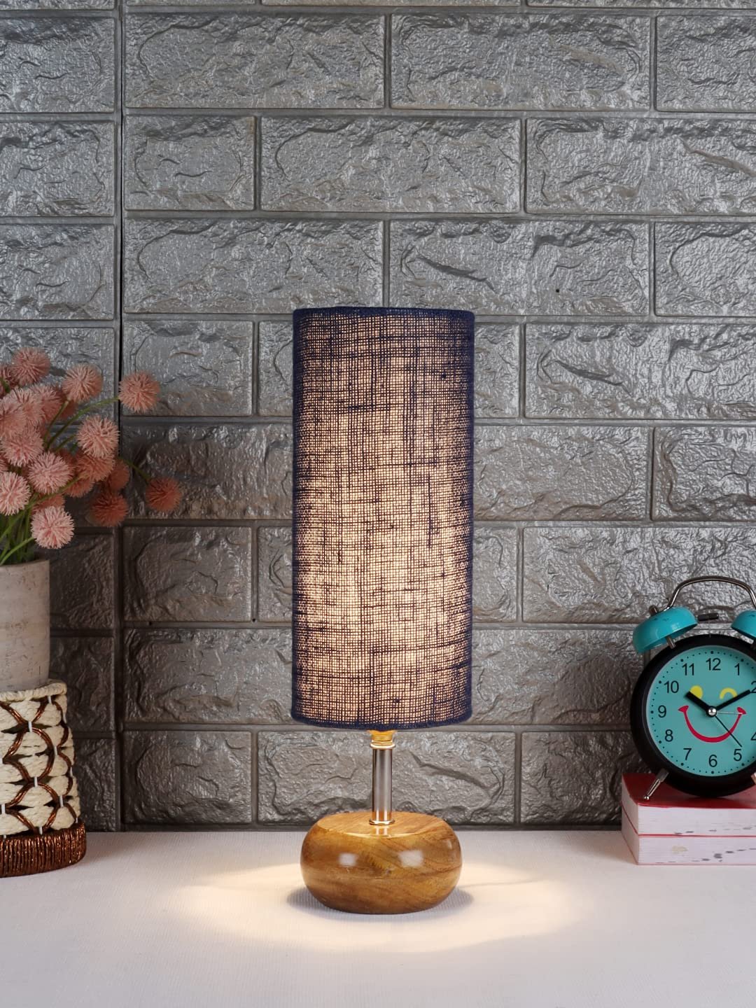 Wood Table lamp with Blue Jute Shade