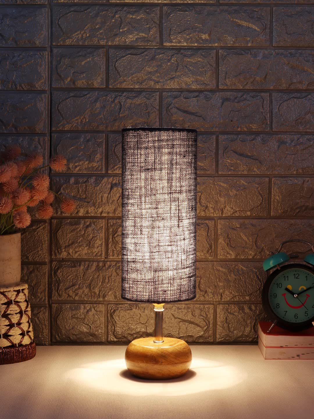 Wood Table lamp with Blue Jute Shade