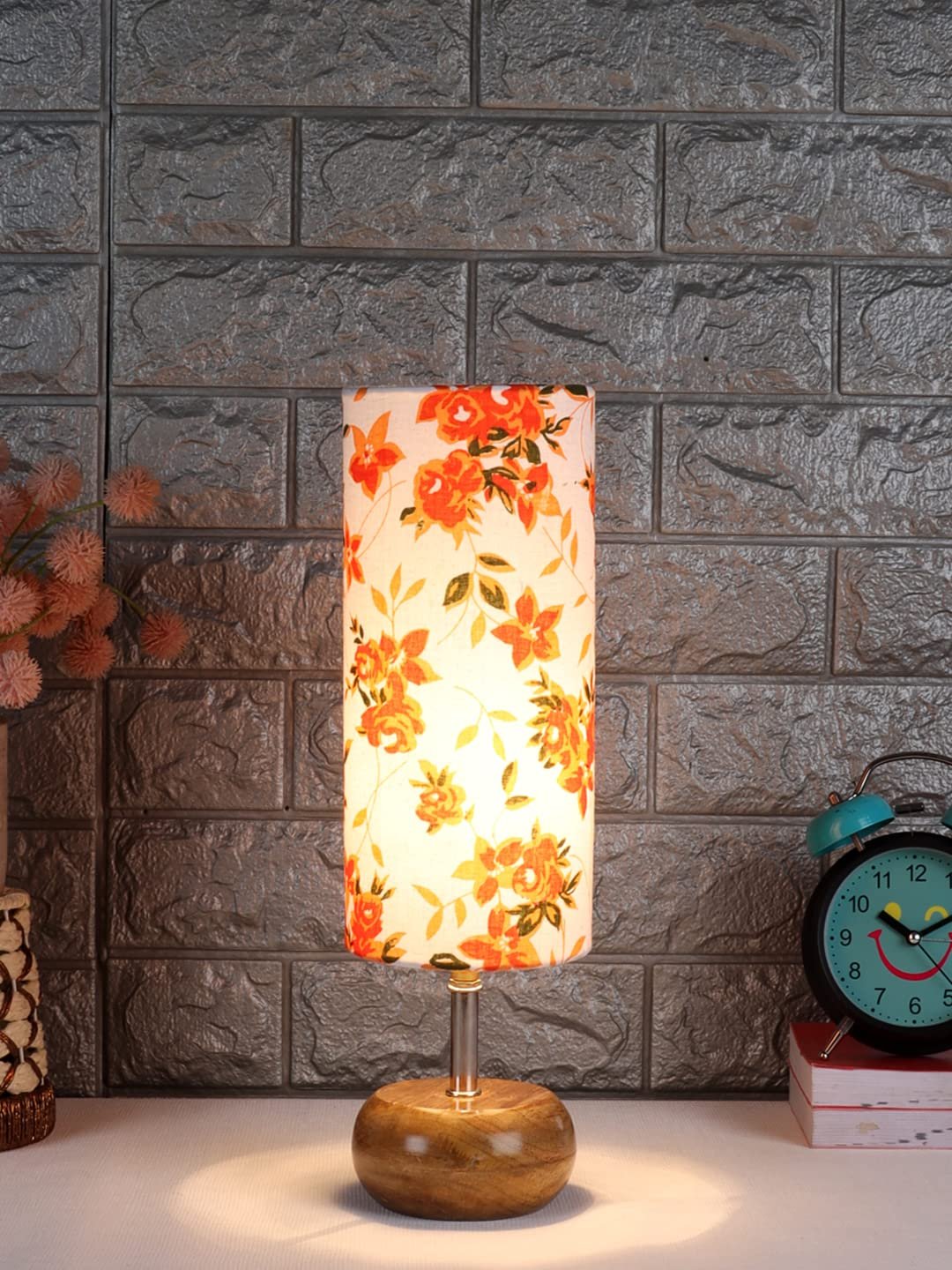 Wood Table lamp with Multicolor Cotton Shade