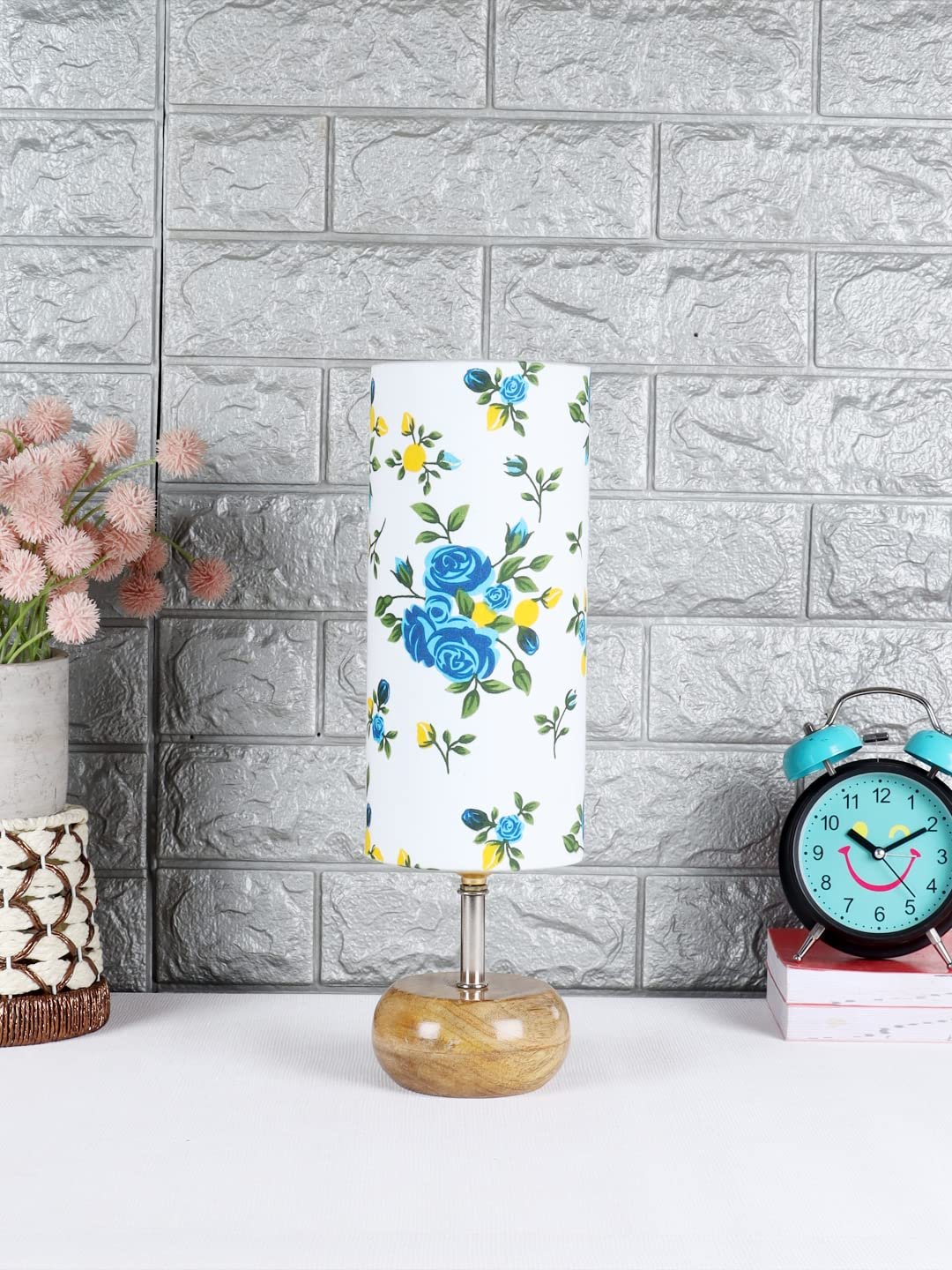Wood Table lamp with Multicolor Cotton Shade