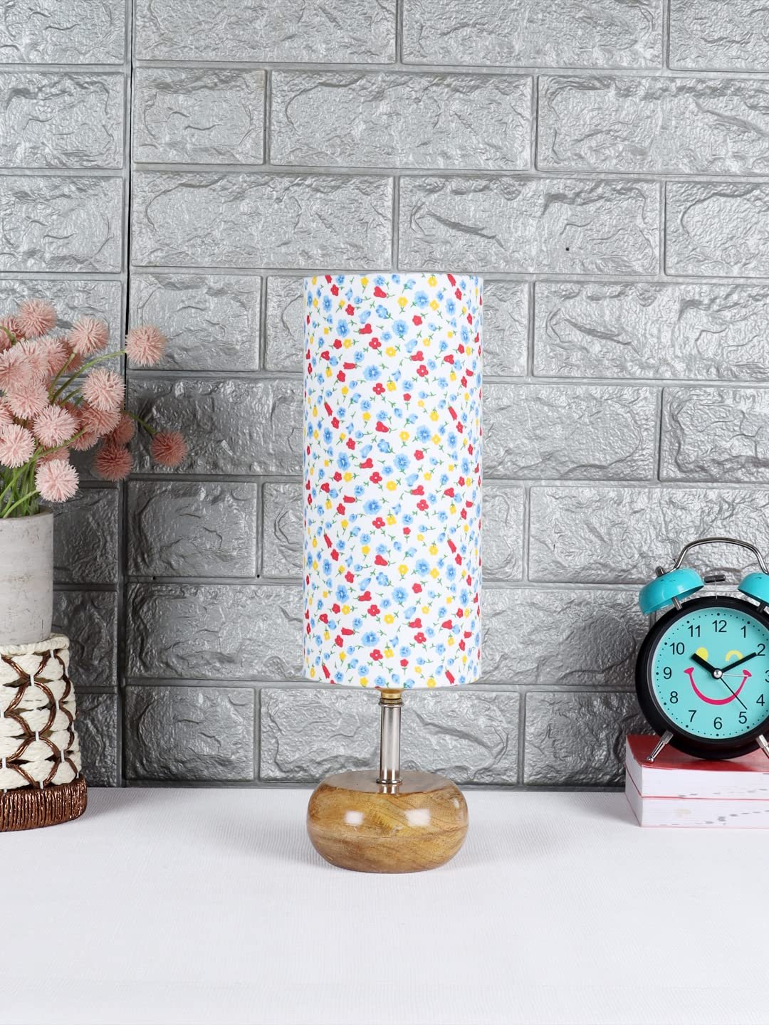 Wood Table lamp with Multicolor Cotton Shade