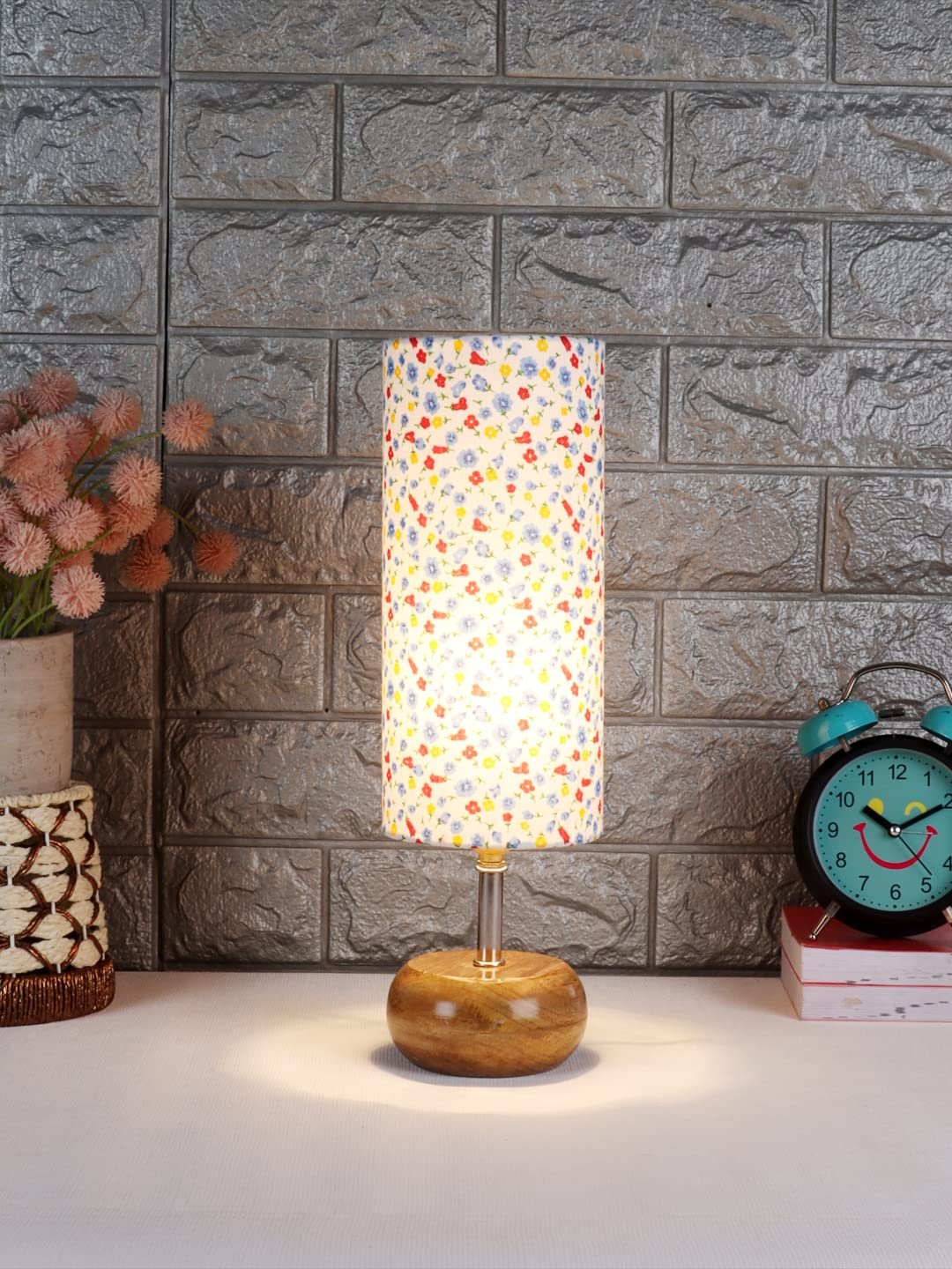 Wood Table lamp with Multicolor Cotton Shade