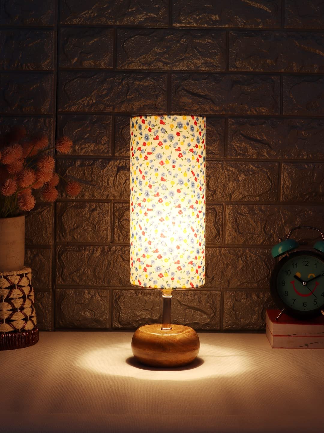 Wood Table lamp with Multicolor Cotton Shade