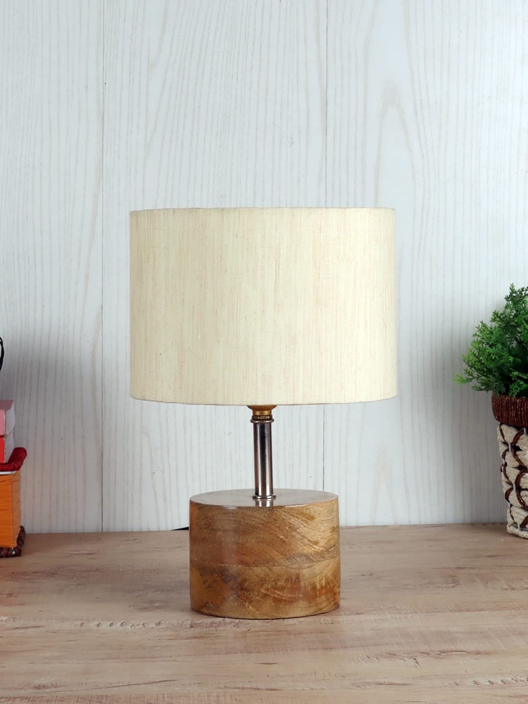 Wood Table lamp with Off-White Cotton Shade