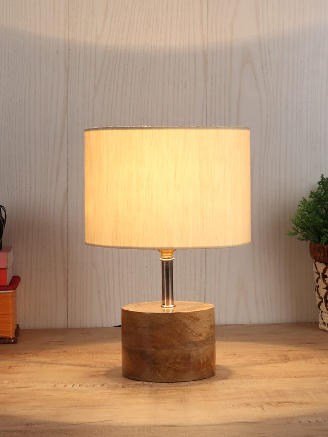 Wood Table lamp with Off-White Cotton Shade