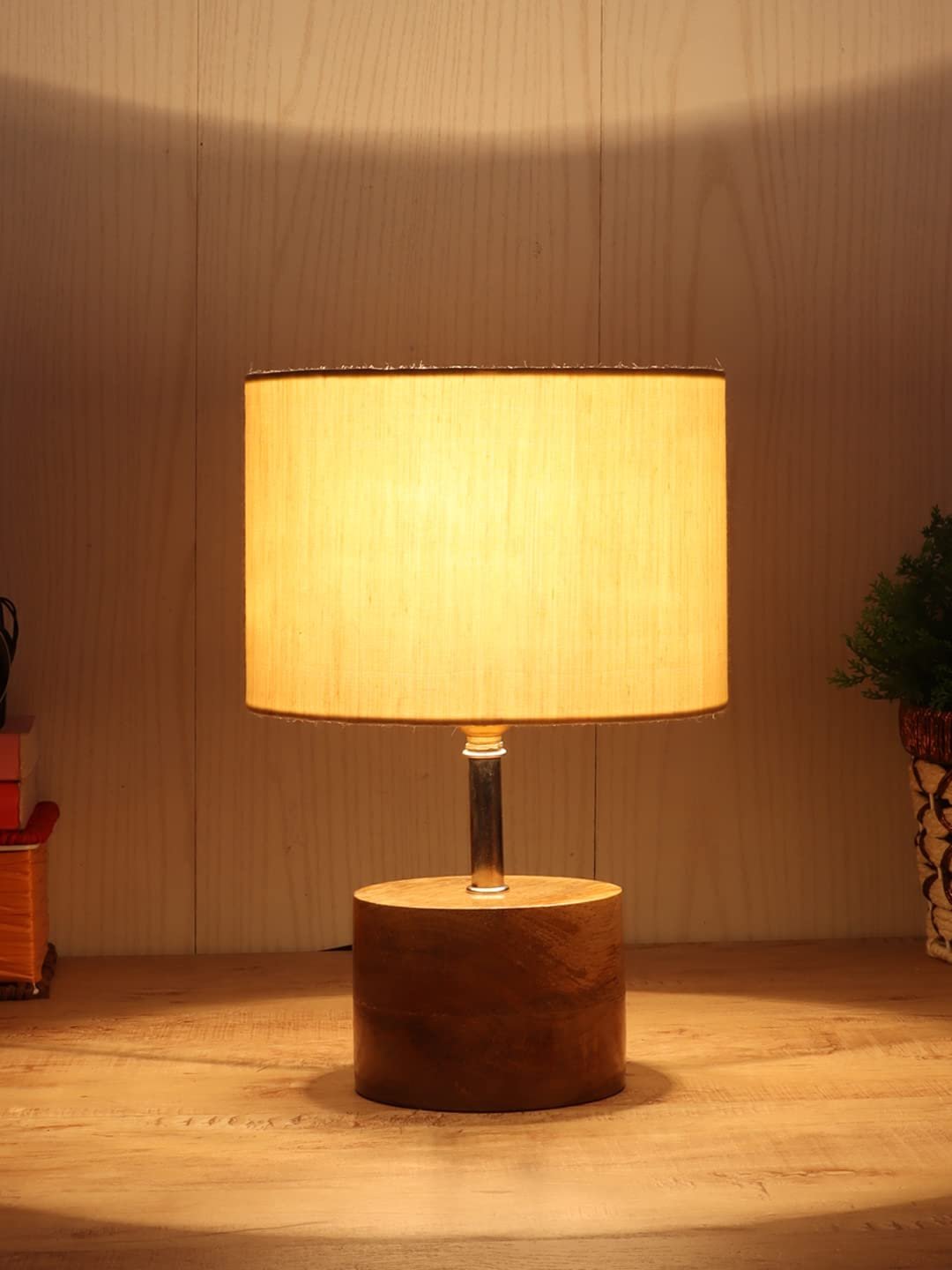 Wood Table lamp with Off-White Cotton Shade
