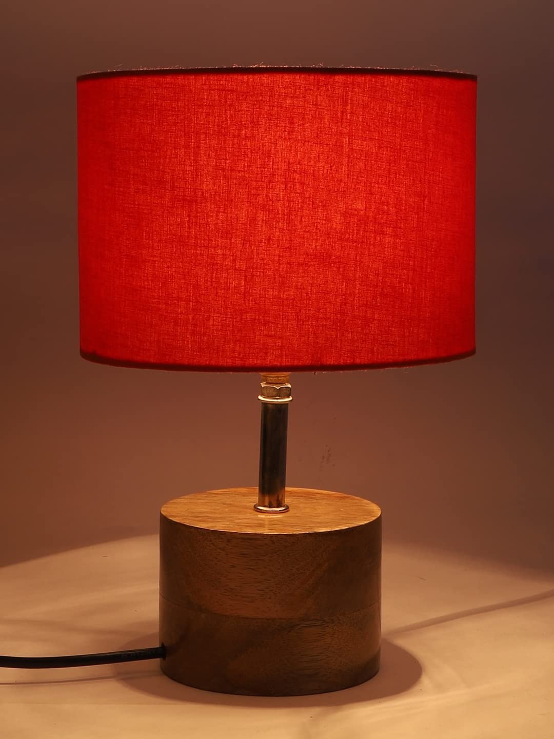 Wood Table lamp with Orange Cotton Shade