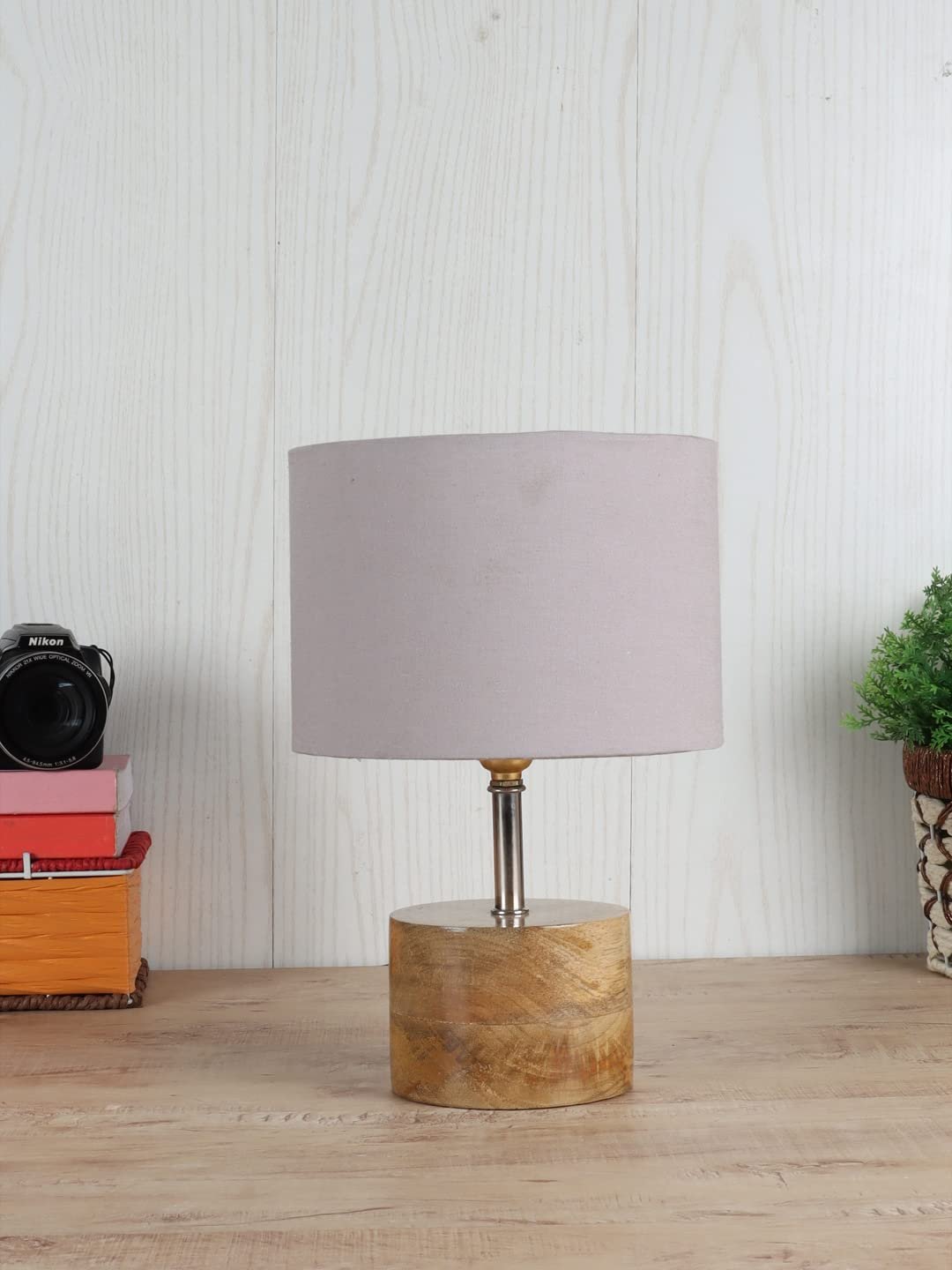 Wood Table lamp with Grey Cotton Shade