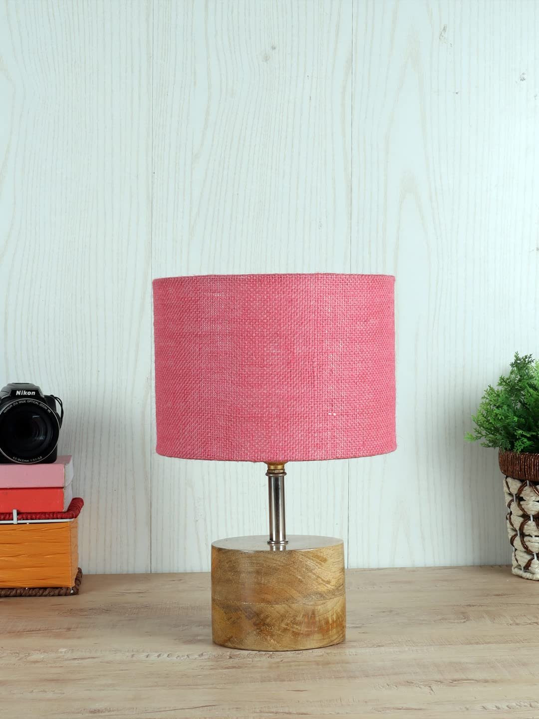 Wood Table lamp with Pink Jute Shade