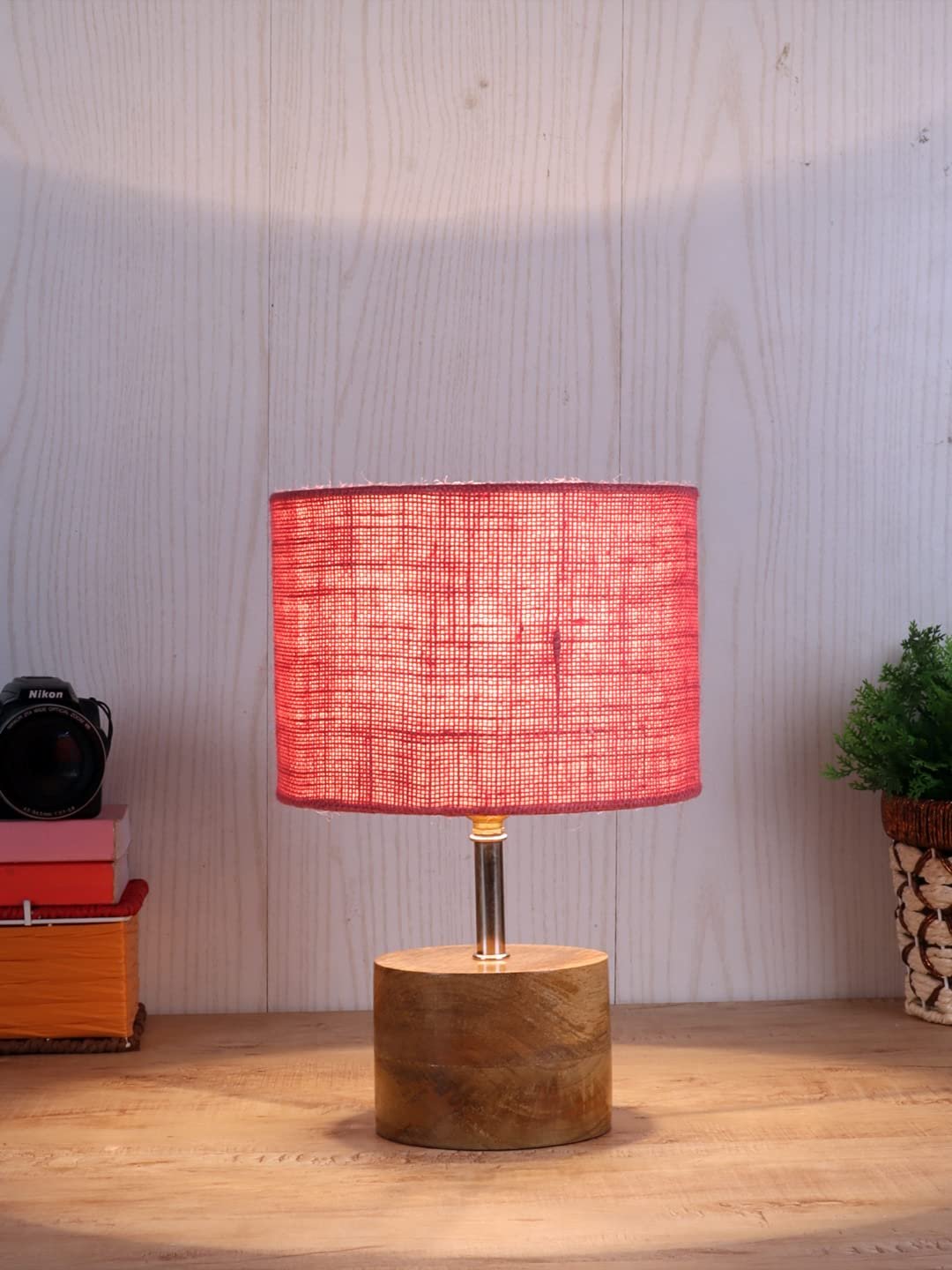Wood Table lamp with Pink Jute Shade