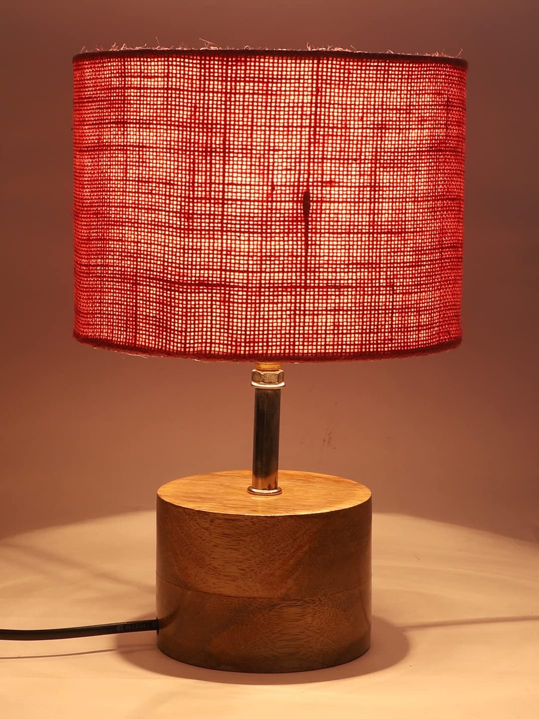 Wood Table lamp with Pink Jute Shade