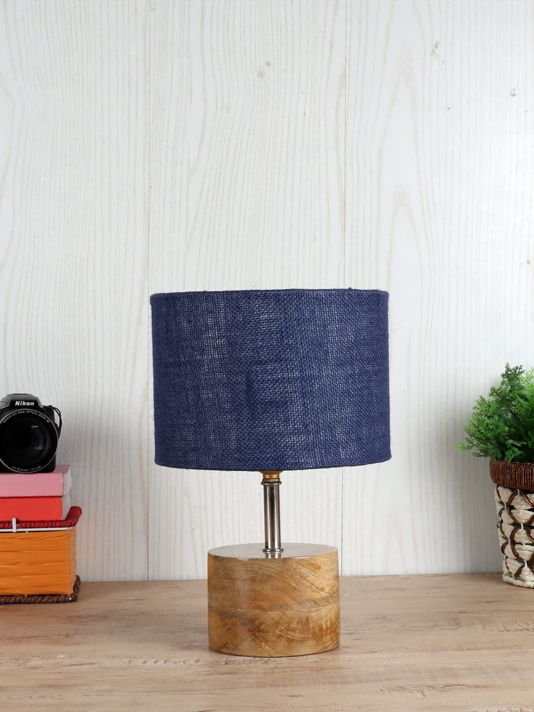Wood Table lamp with Blue Jute Shade